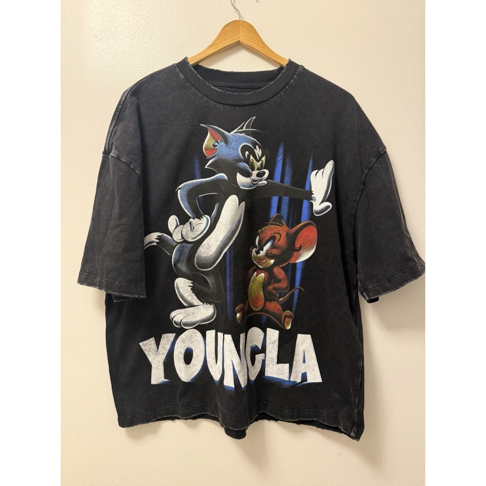 YoungLA x Tom & Jerry Collab Black Acid Wash T Shirt Men's Medium Oversized Boxy